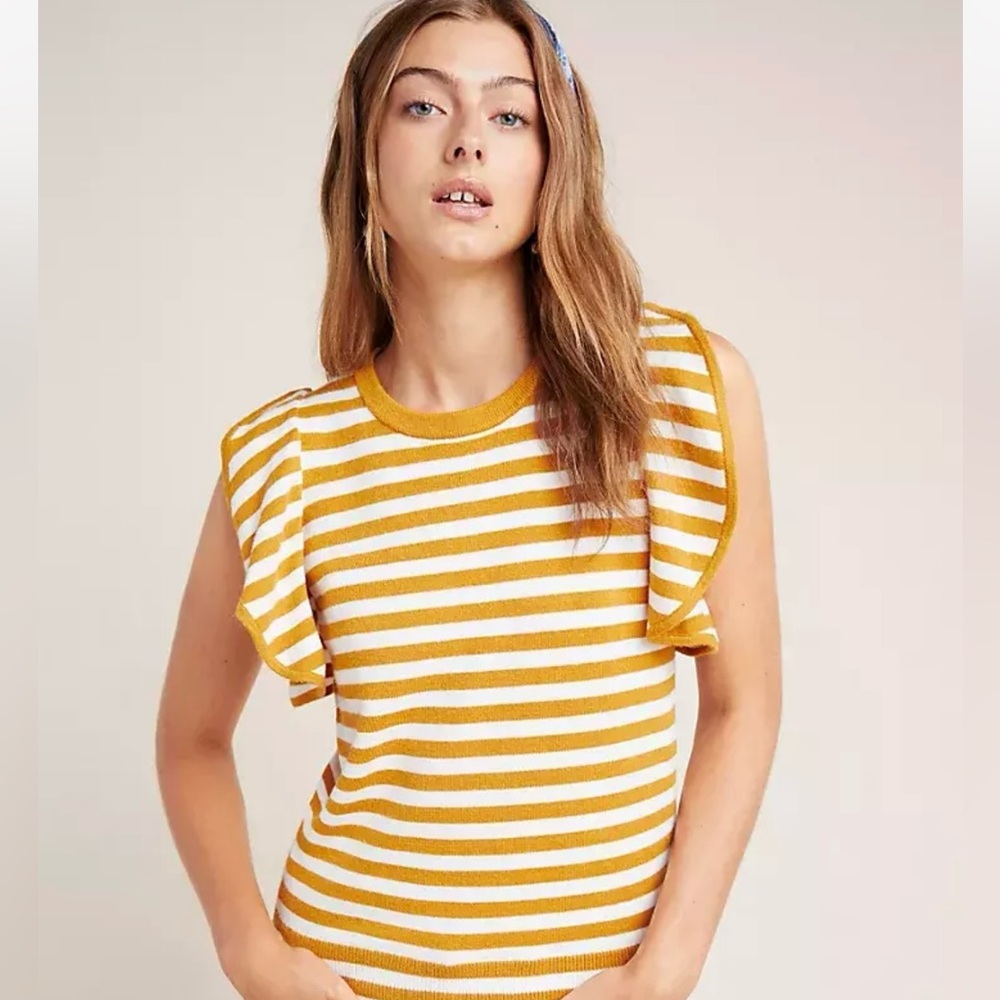 Anthropologie NWT Gold White Stripe Jillian Flutter Sleeve Sweater Size M